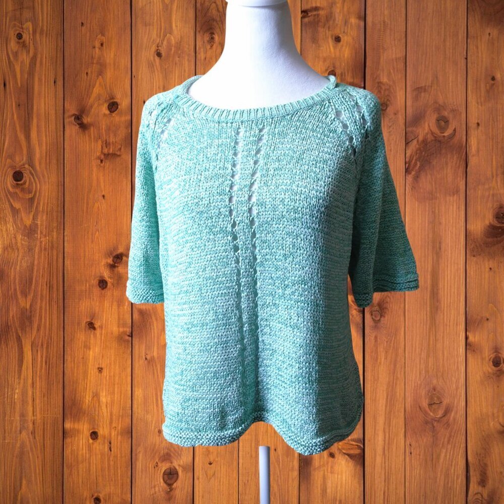 Ellen Tracy Size XL Pullover Green Knit Short Sleeve Sweater Top Coastal